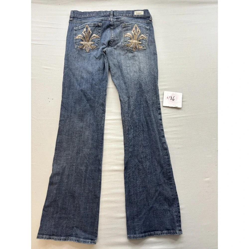 Miss Me Womens Size 30 Mid-Rise Bootcut Embellished Fleur de Lis Jeans Dark Wash